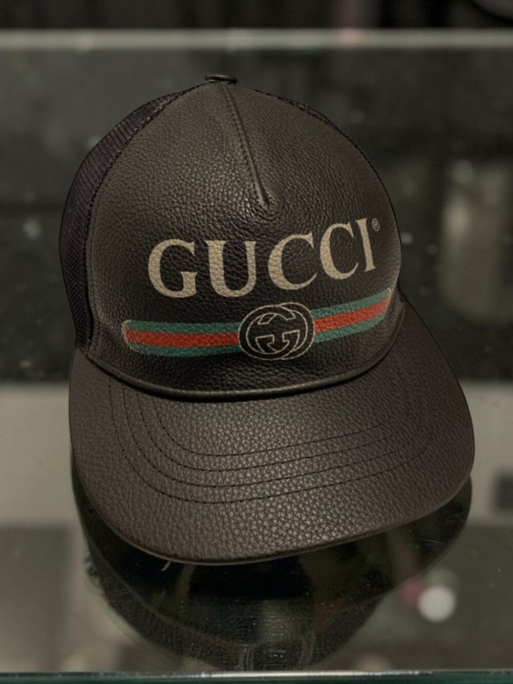 Black Leather GUCCI GG Baseball Cap / Trucker Hat Crypto Mesh w Dust Bag Size M - Picture 1 of 10